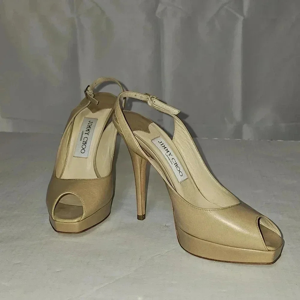 Jimmy Choo Beige‎ Leather Nova Peep Toe Slingback Platform Sandals Sz 36
